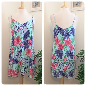 Peach Love California Mint Blue Tropical Floral Summer Slip Mini Dress Medium